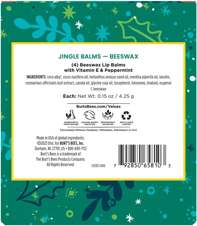 Burt's Bees Jingle Balms Lip Balm Holiday Gift Set beeswax quartet set (4 beeswax lip balms)